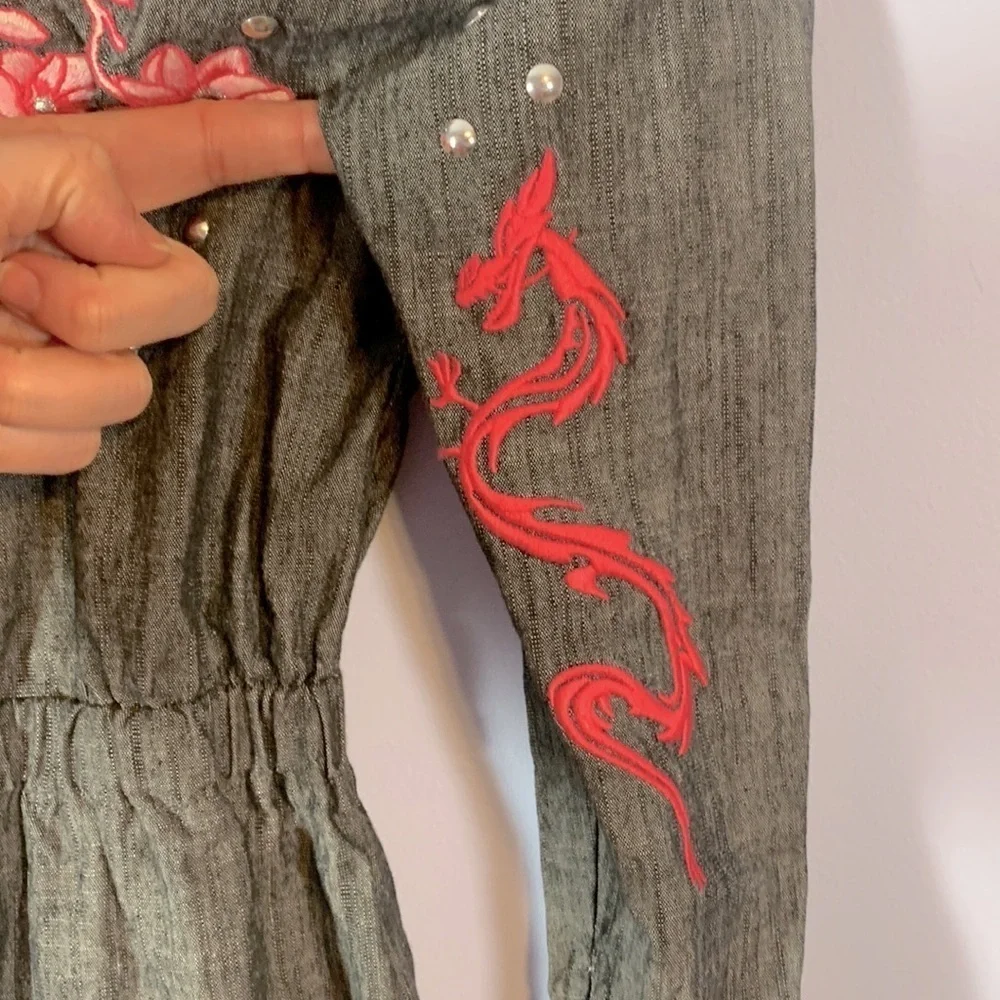 Disney Mulan jumpsuit boiler romper gray pink embroidered dragon studded 5/6